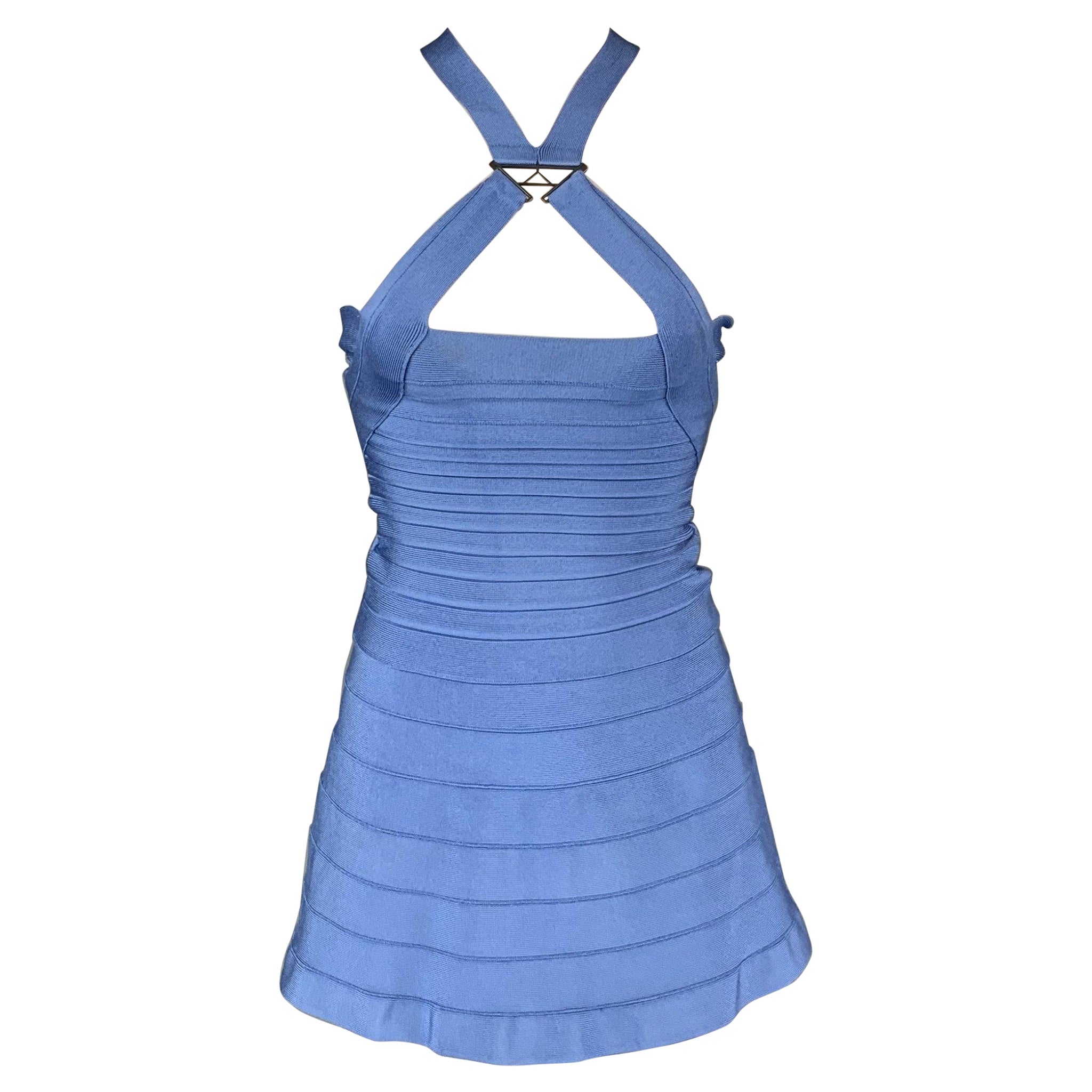 HERVE LEGER Size XXS Blue Rayon Blend A-Line Cocktail Dress For Sale