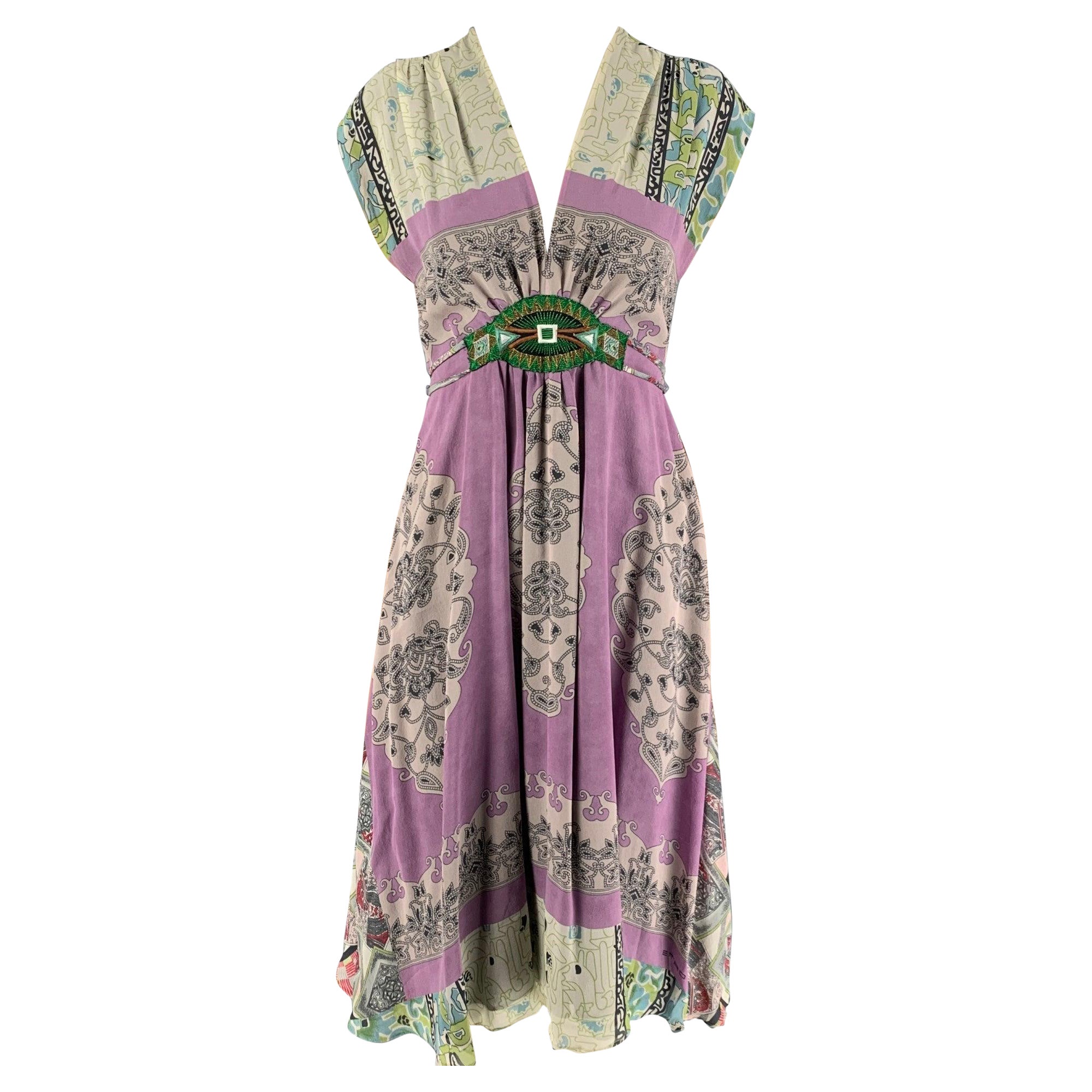 ETRO Size 4 Purple & Green Silk Mixed Patterns Sleeveless Dress