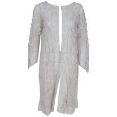 1920's Ivory Embroidered Floral Net & Filet-Lace Deco Bell-Sleeve Dress Jacket 10