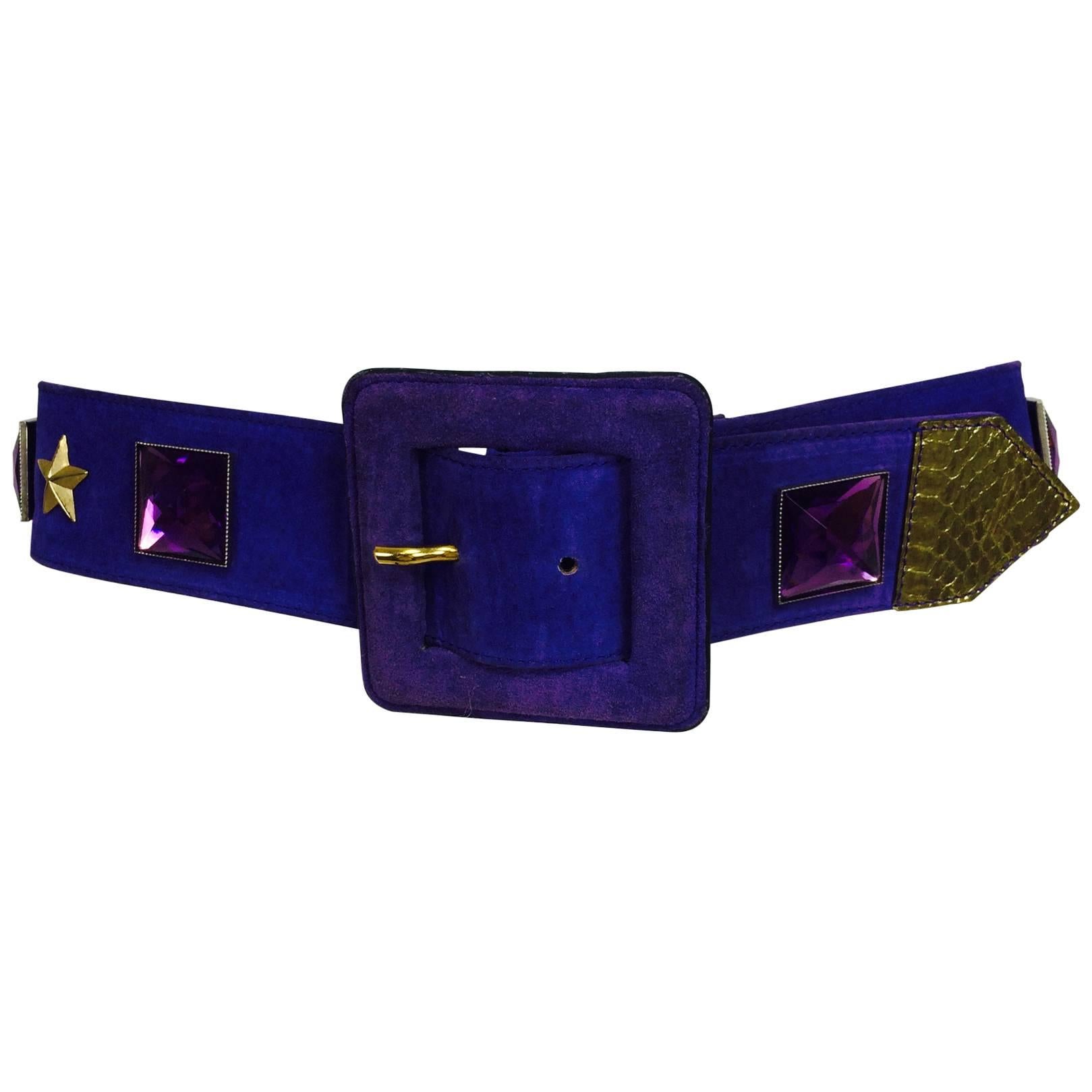 Vintage Yves St Laurent jeweled purple suede belt 1980s