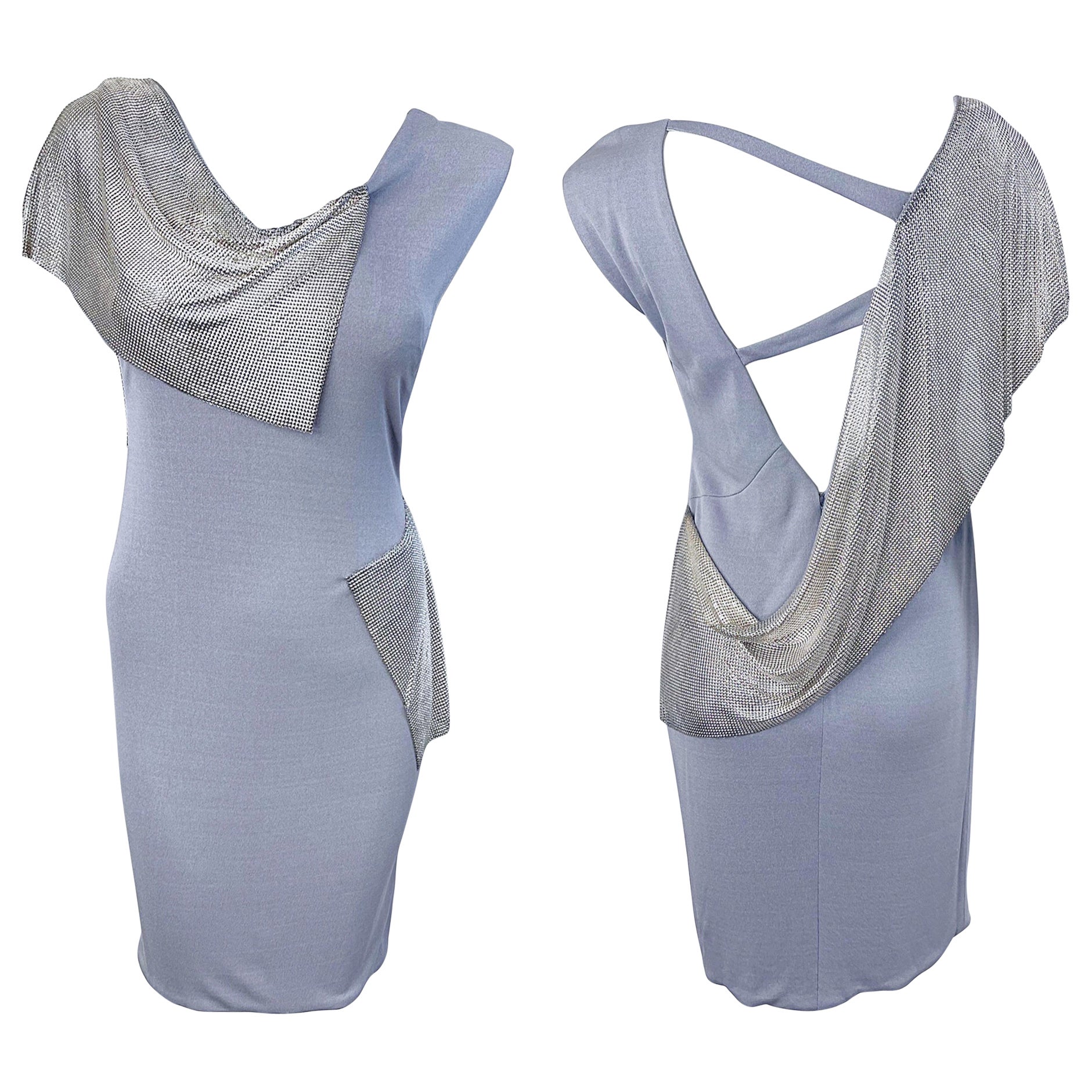 CD Greene 2000s Grey Silver Chainmail Cut-Out Silk Jersey Y2K Vintage Dress For Sale