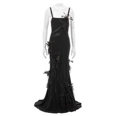 Used John Galliano black twill evening dress with floral feather appliqués, fw 2005