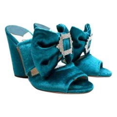 Jimmy Choo Teal Crushed Velvet Crystal Bow Mules