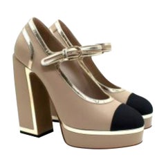 Chanel Greige Lambskin Platform Mary Jane Pumps