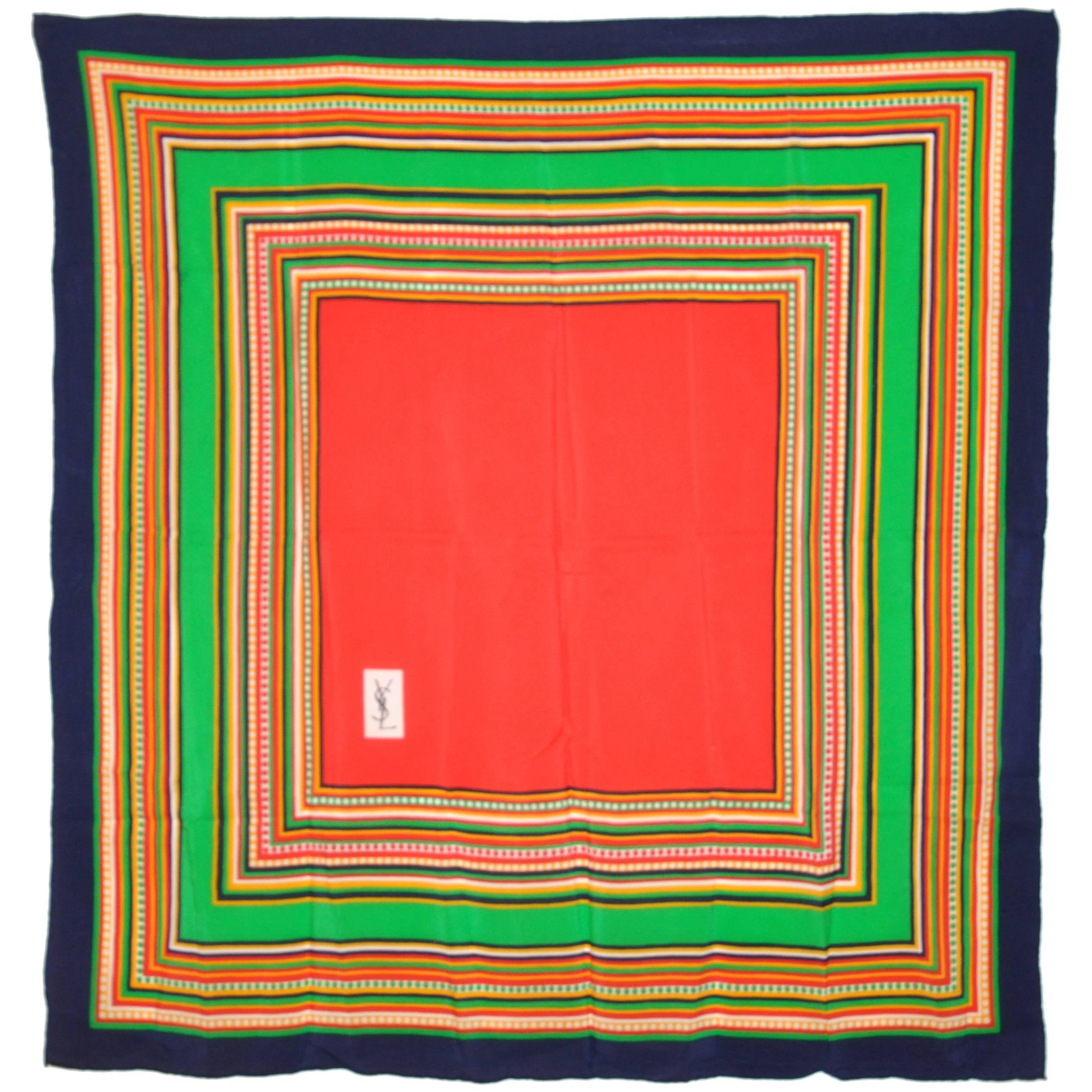 Yves Saint Laurent Multi-Stripe with Center Red Silk Scarf For Sale