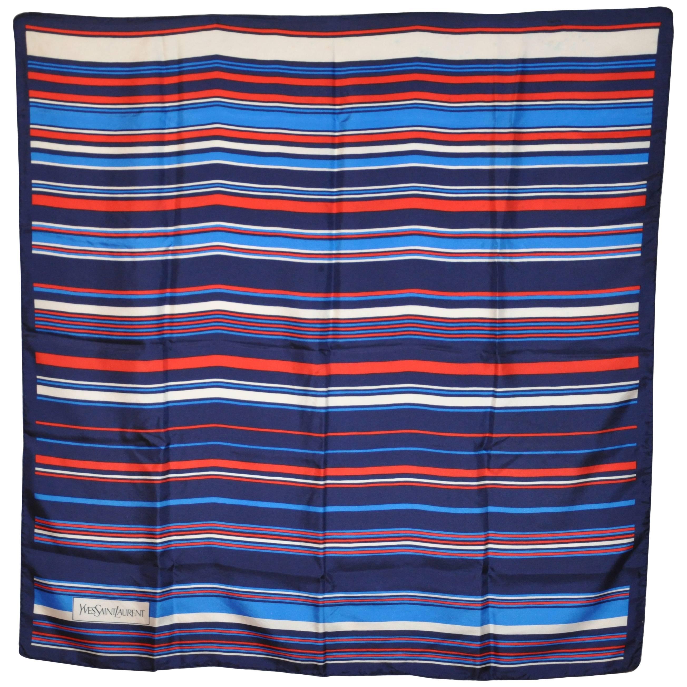 Yves Saint Laurent Red White and Blue Signature Silk Scarf For Sale