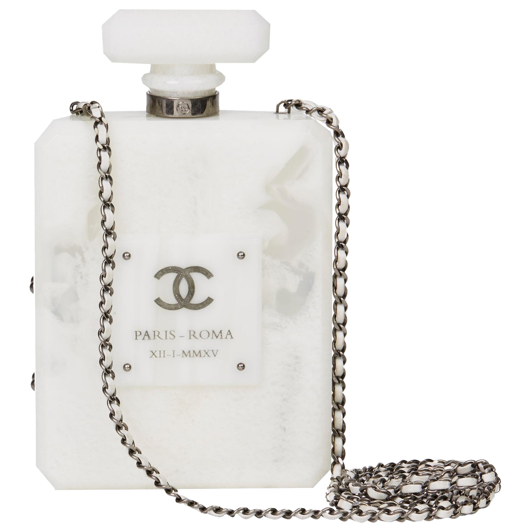 2016 Chanel White Marble Plexiglass Paris-Rome Perfume Bottle Bag For Sale  at 1stDibs