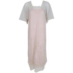 1920's French Embroidered Ivory-White Lace & Pink Silk Deco Flapper Day Dress