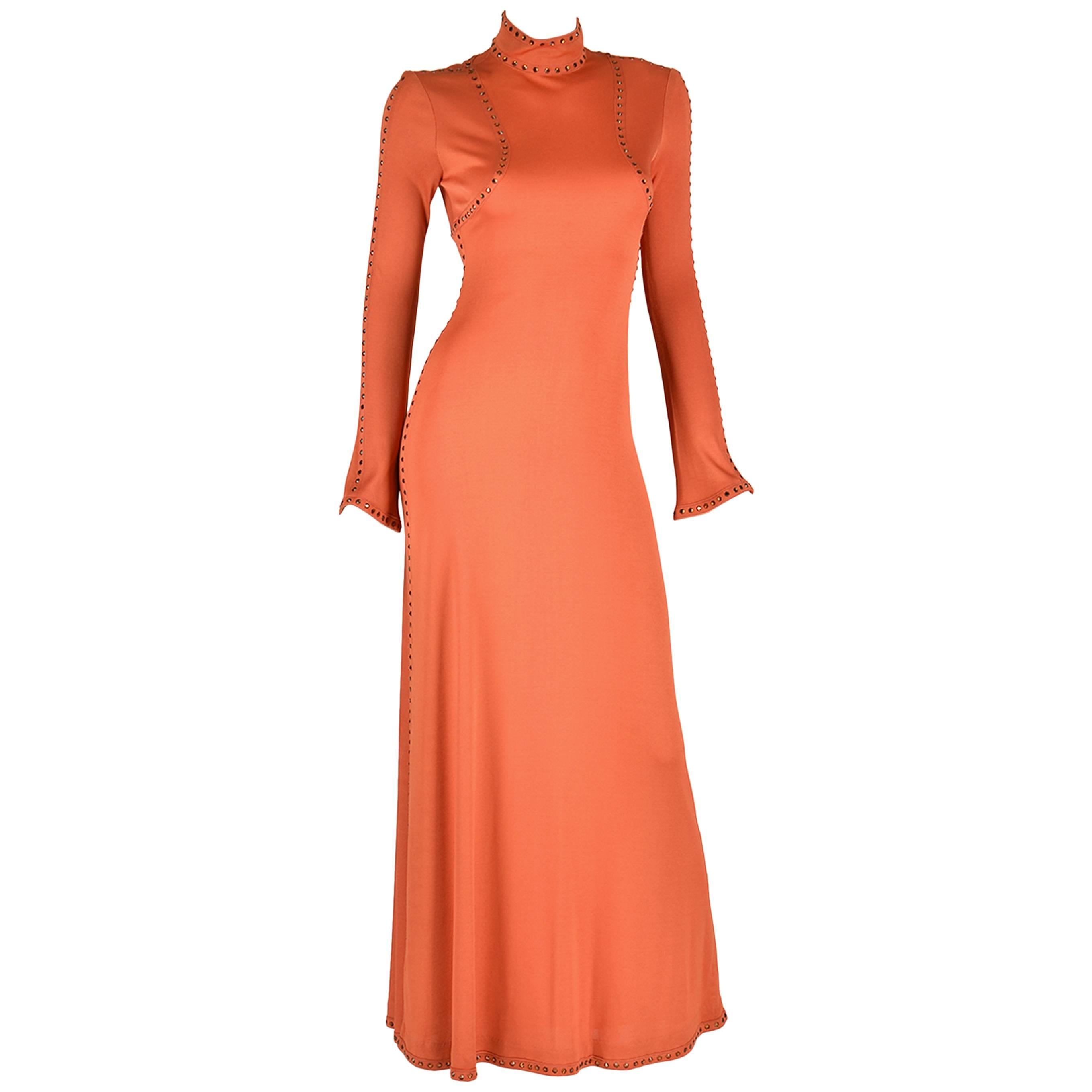 1960s Ayako Burnt Orange Rhinestone Evening Dress