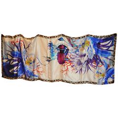 Roberto Cavalli Huge Bold Multi-Floral with Leopard Crepe di Chine Scarf