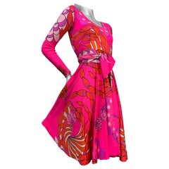 1970s La Mendola Fluorescent Pink Mod Floral Print Silk Jersey Day Dress w Flair