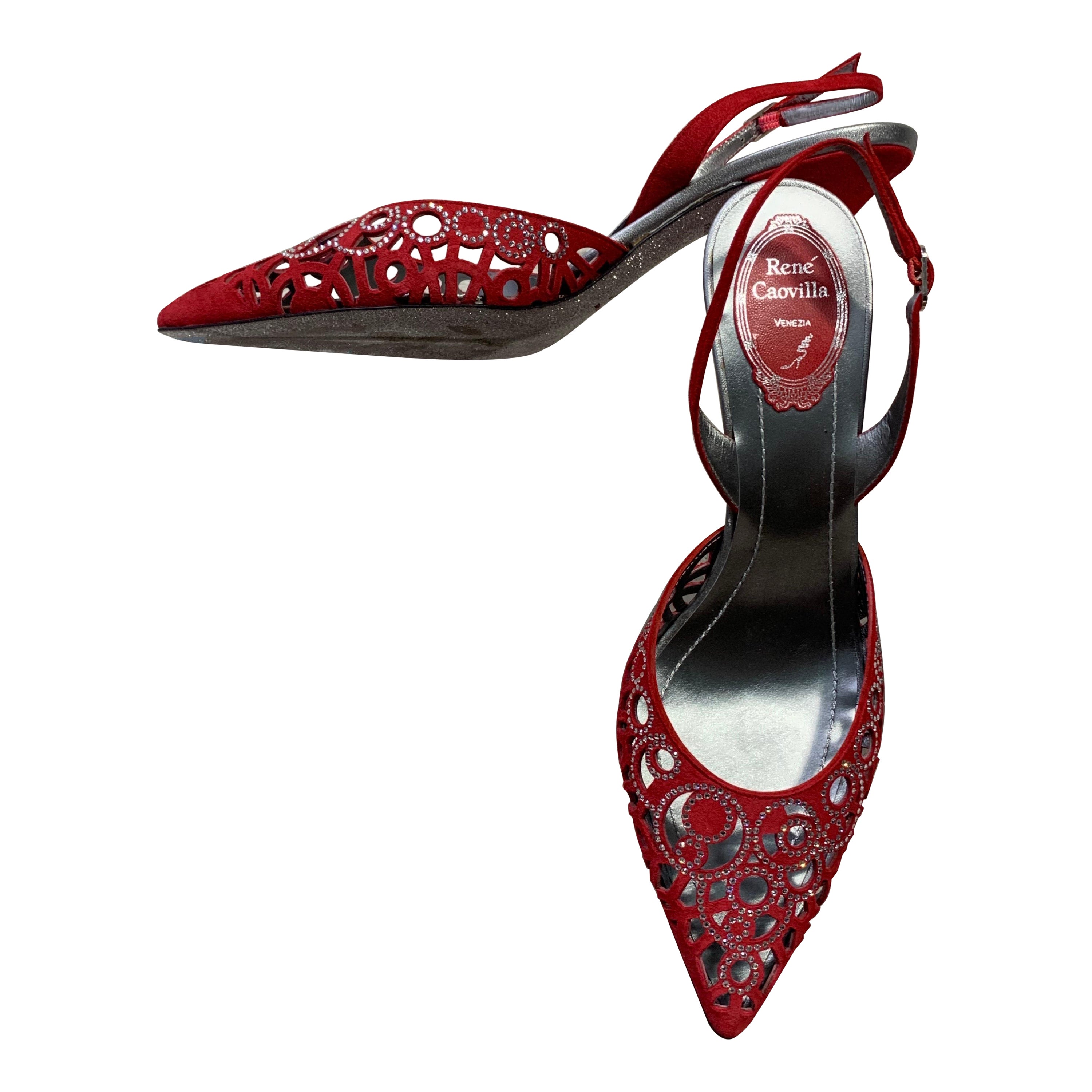 Rene Caovilla Medium-Heeled Sling-Back Red Suede Pumps w Rhinestones & Cut-Outs For Sale