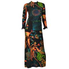 1970's Lanvin Black Neon Floral Printed Wool Dress