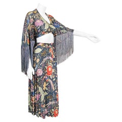 Vintage 1971 Missoni Couture Floral Bird Print Silk-Jersey Fringe Crop Top Set