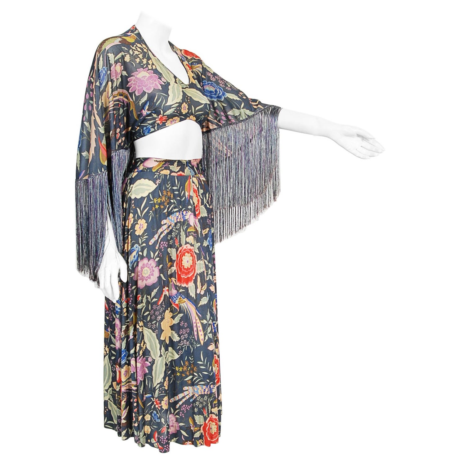 Archival 1971 Missoni Couture Floral Bird Print Silk-Jersey Fringe Crop Top Set For Sale
