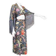 Archival 1971 Missoni Couture Floral Bird Print Silk-Jersey Fringe Crop Top Set