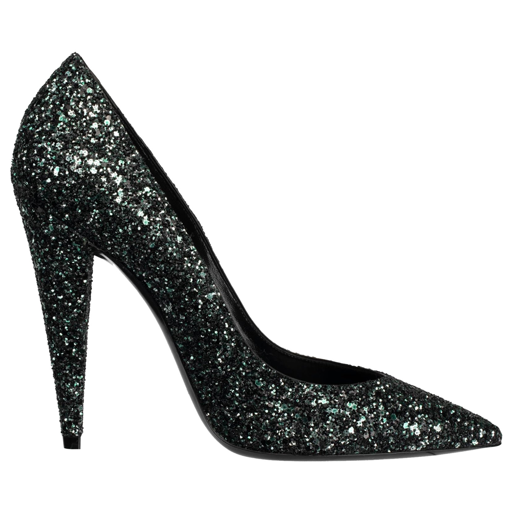 Yves Saint Laurent Decollete Era Black & Emerald Green Glitter Pumps 40 FR