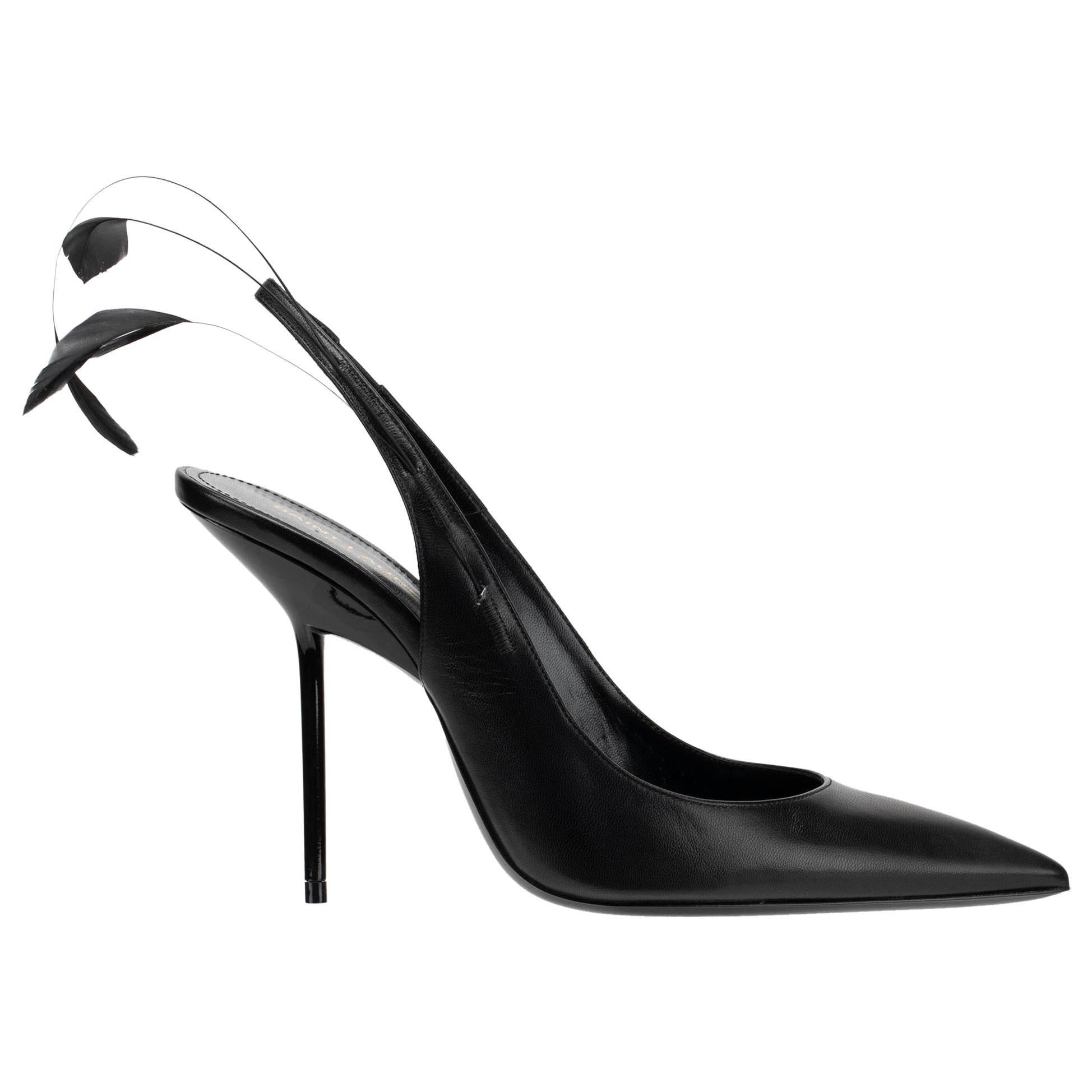 Yves Saint Laurent Slingback Pumps Black Leather With Feather Detail 36 FR