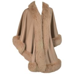 Vintage Taupe Wool Blend Knit Cape with Fox Fur Trim 8