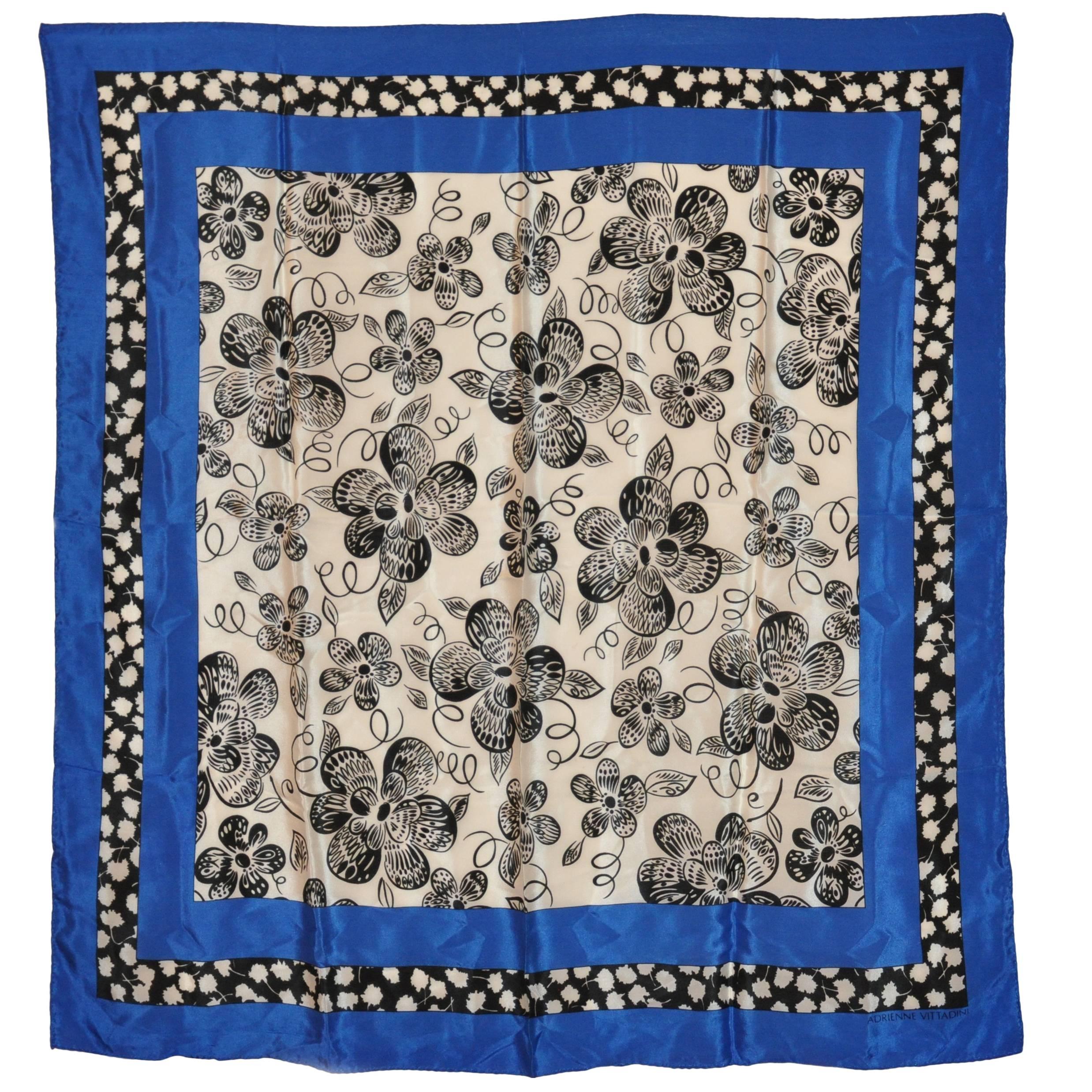 Adrienne Vittadini Bold Navy White and Black Floral Silk Scarf For Sale