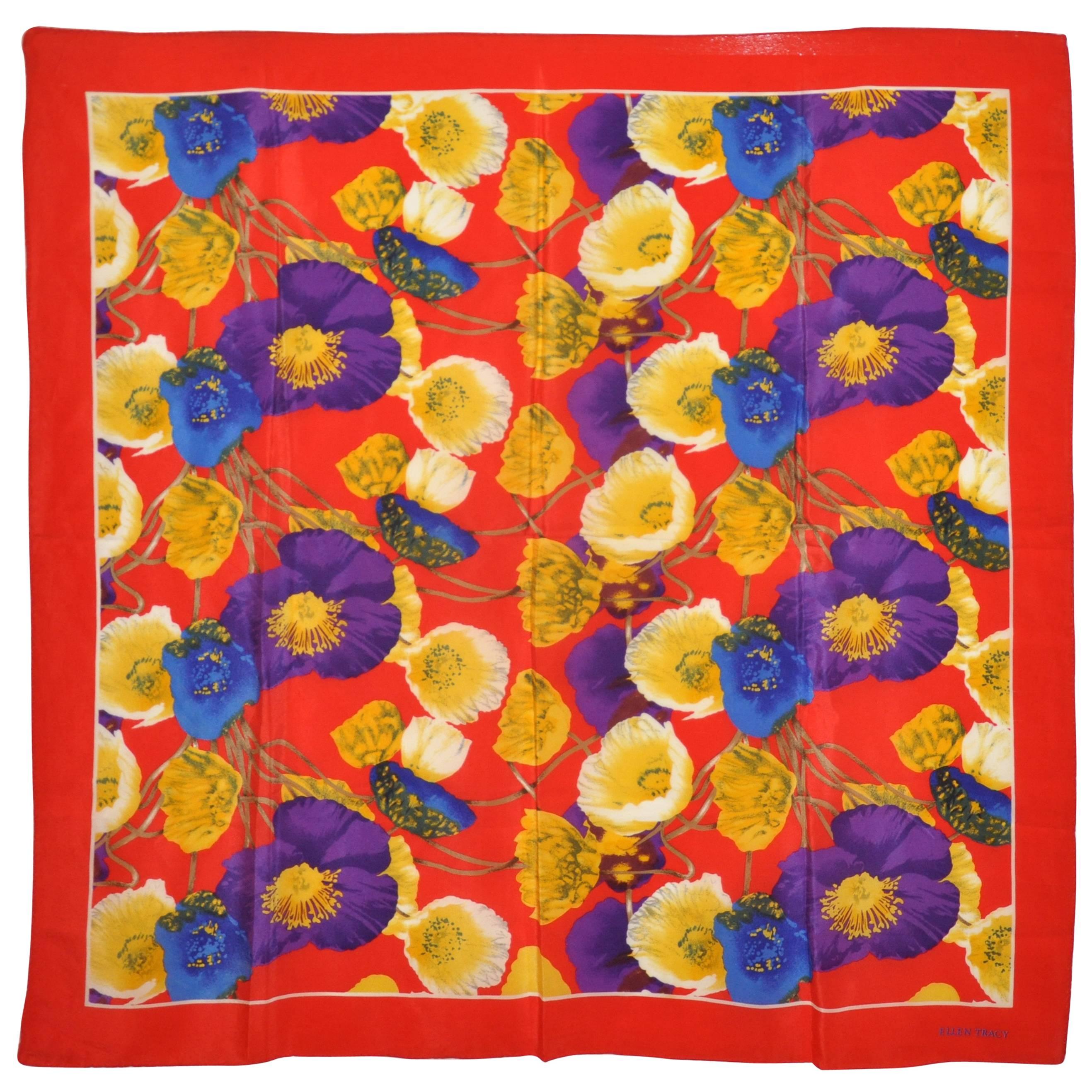 Linda Allard for Ellen Tracy Bold Multi-Color Multi-Floral Silk Scarf For Sale