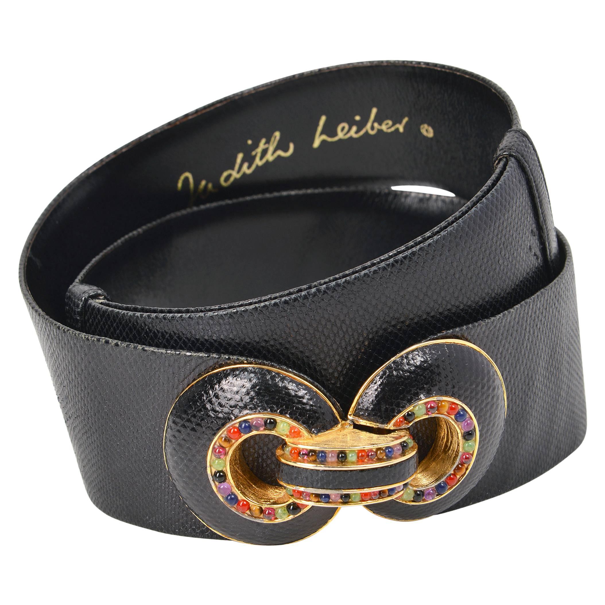 Judith Leiber Embossed Black Leather Belt with Jeweled Buckle For Sale