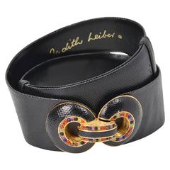 Vintage Judith Leiber Embossed Black Leather Belt with Jeweled Buckle