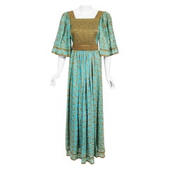 Vintage 1970's Thea Porter Couture Metallic Embroidered Blue Cotton & Lamé Gown