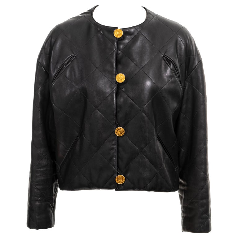 Vintage 90's CHANEL CC Logos Buttons Pockets Black Leather Jacket, Moonstone Vintage