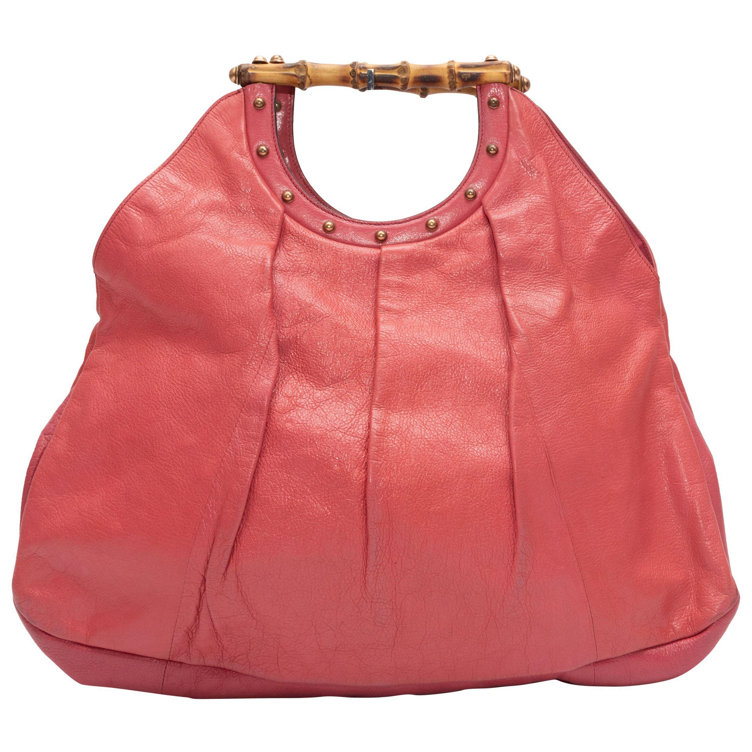 Gucci Pink Leather and Bamboo Handbag For Sale at 1stDibs