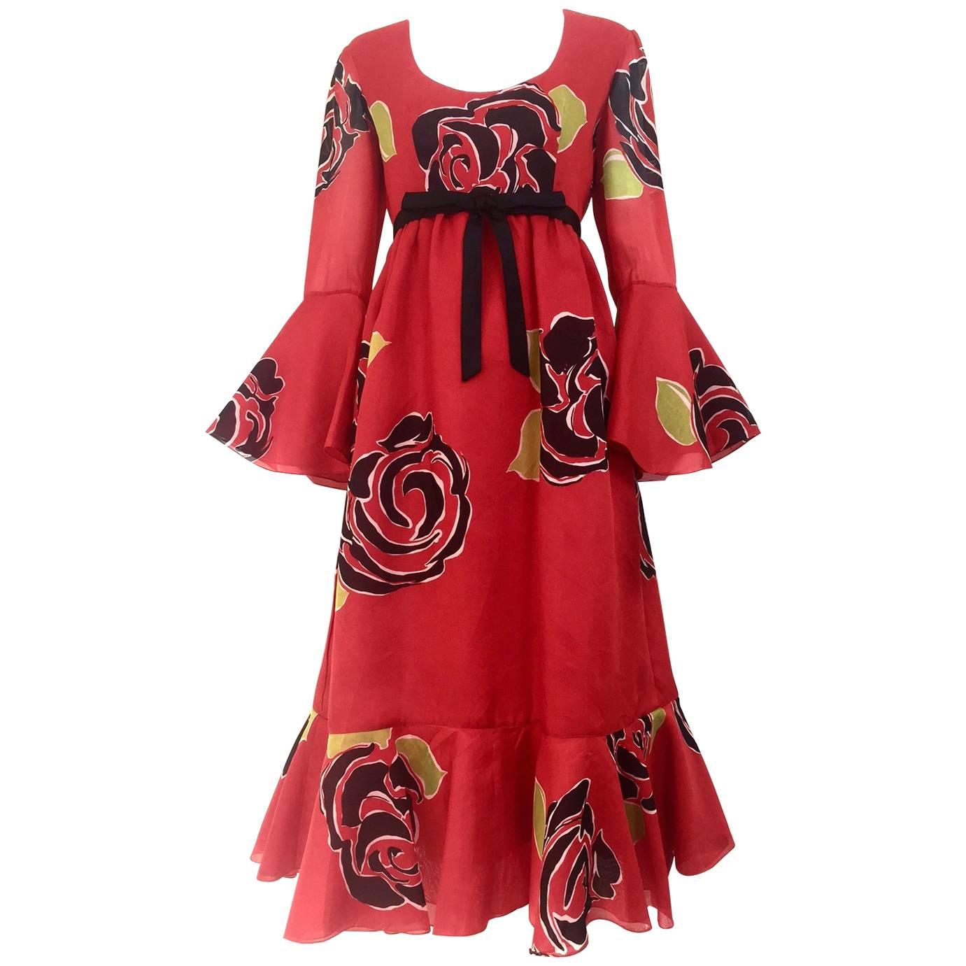 1970S SARMI Red Silk Bold Floral Print Maxi Dress