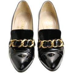 Chanel Black Patent Leather Shoes with Gold Braided Pointed Heels