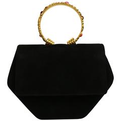 Vintage Rodo Black Suede Gold Toned Handle Octagon Handbag with Strap 