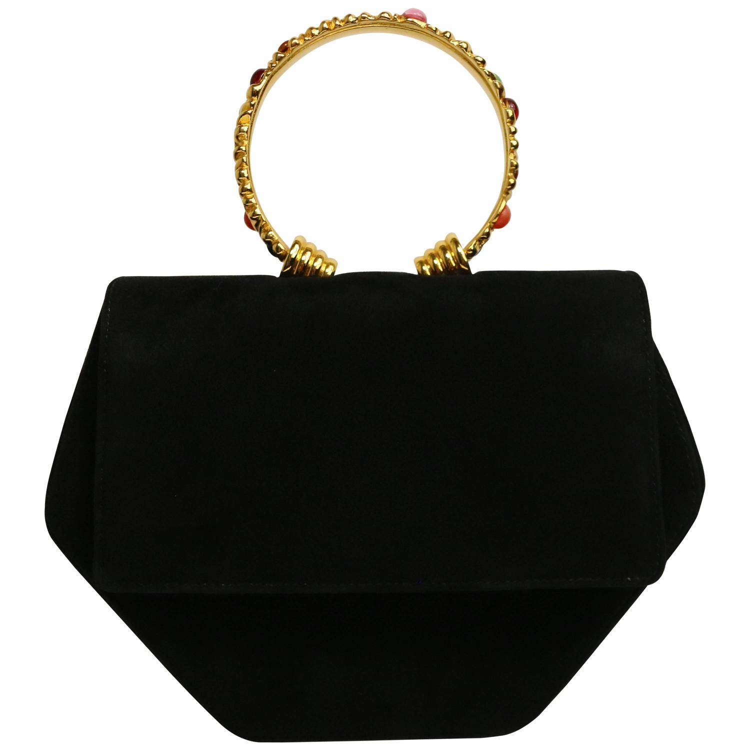 Rodo Black Suede Gold Toned Handle Octagon Handbag With Strap At 1stdibs