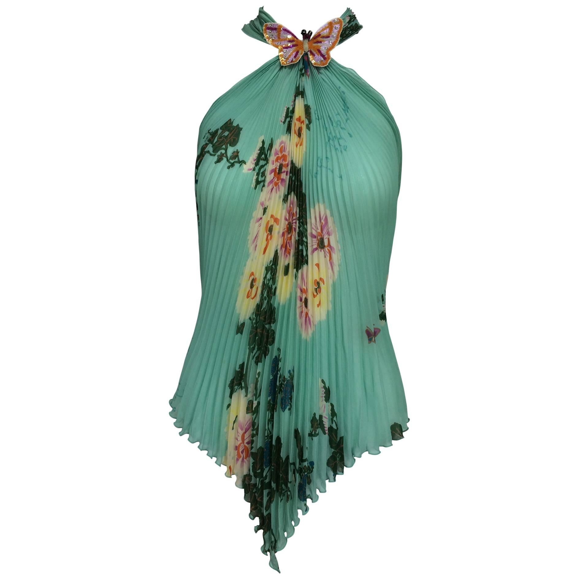 Ungaro aqua floral print pleated silk chiffon butterfly halter top