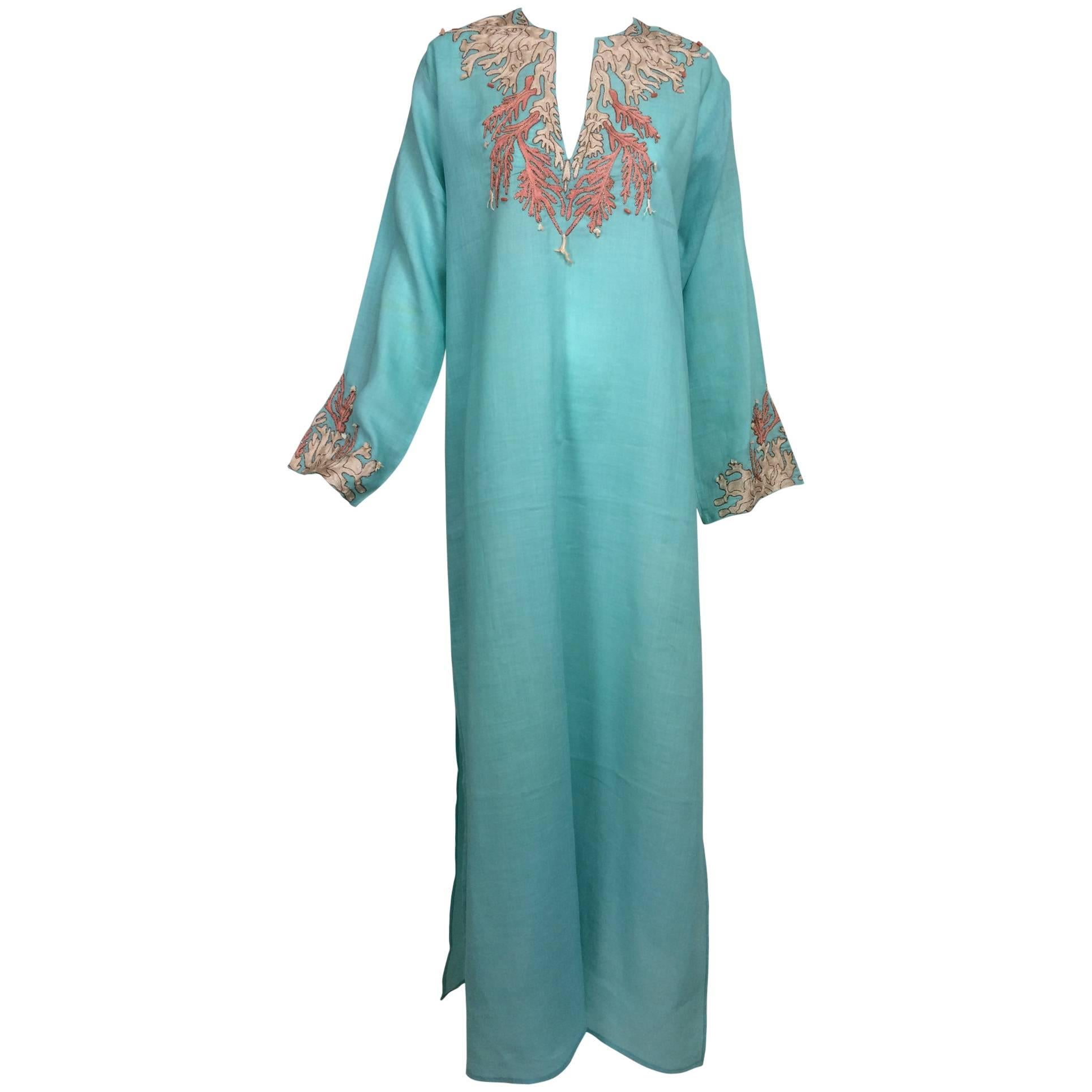Jeannie McQueeny Aqua linen coral embroidered caftan L