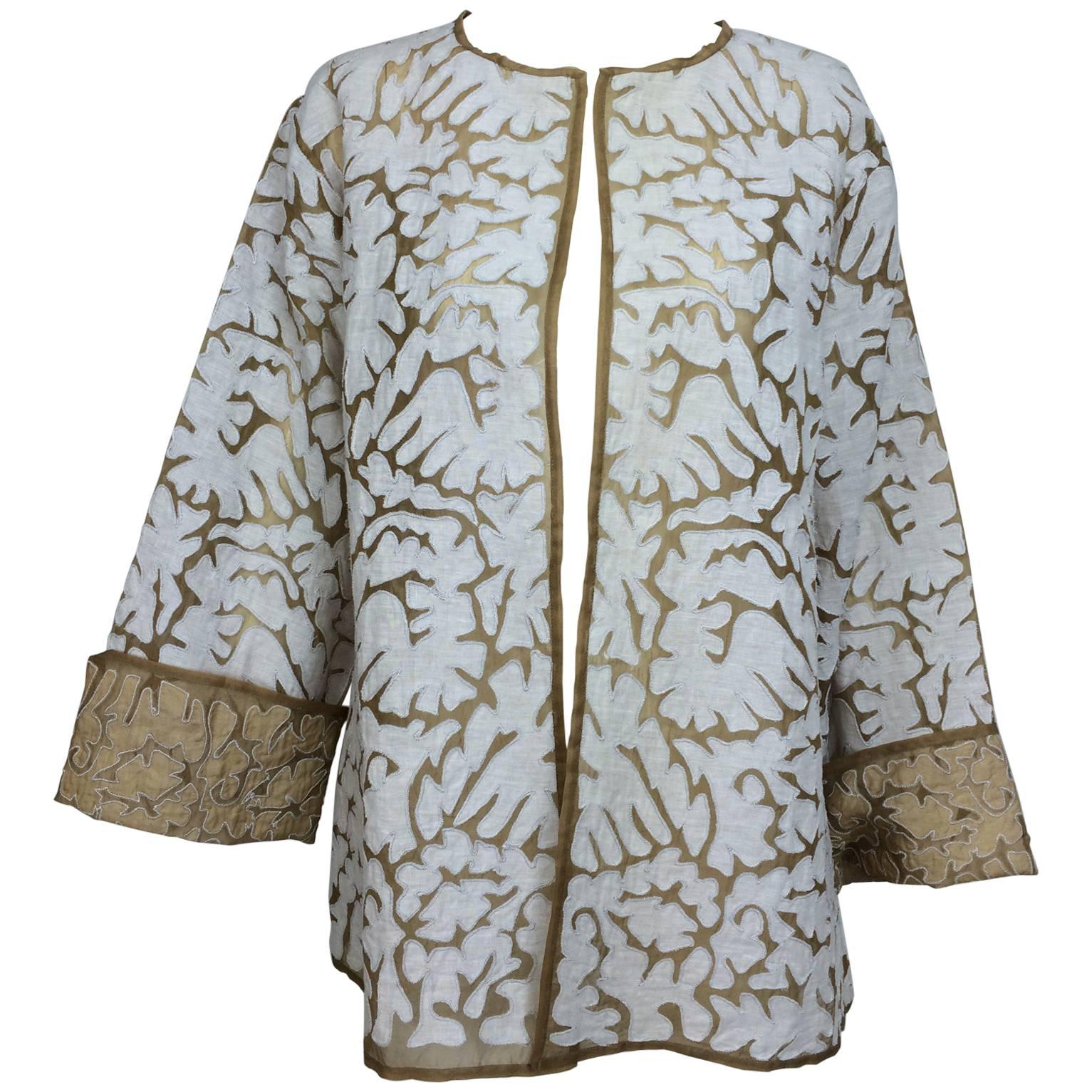 Jeannie McQueeny Cocoa silk organza & linen applique jacket XXL