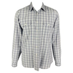 PRADA Size L Grey Light Blue Plaid Cotton Patch Pocket Long Sleeve Shirt