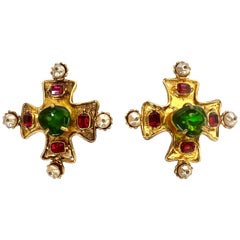 Vintage Christian Lacroix Jeweled Faux Pearl Maltese Cross Earrings