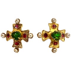 Vintage Christian Lacroix Jeweled Faux Pearl Maltese Cross Earrings 