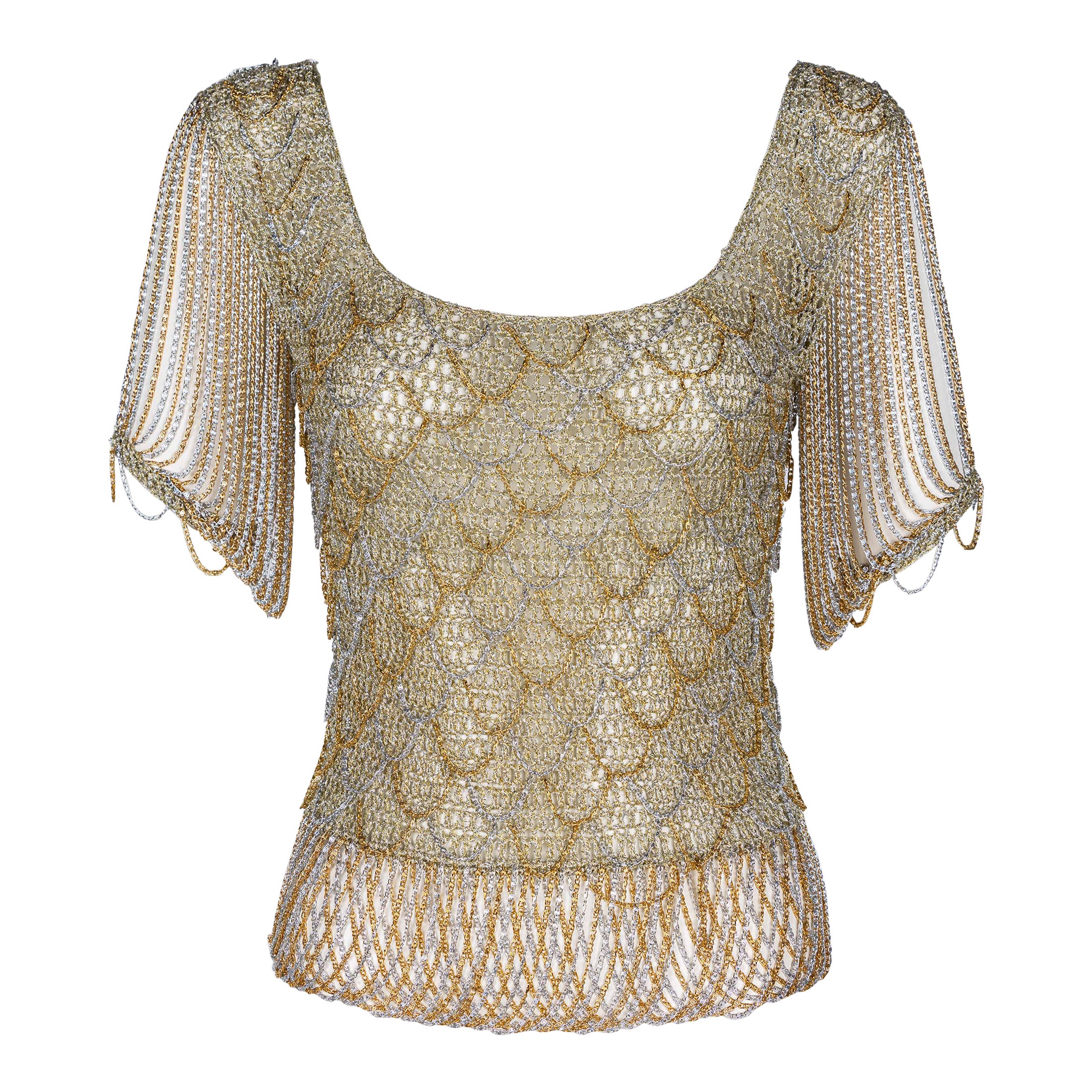 Loris Azzaro Gold Silver Crochet chain Top, 1970s For Sale