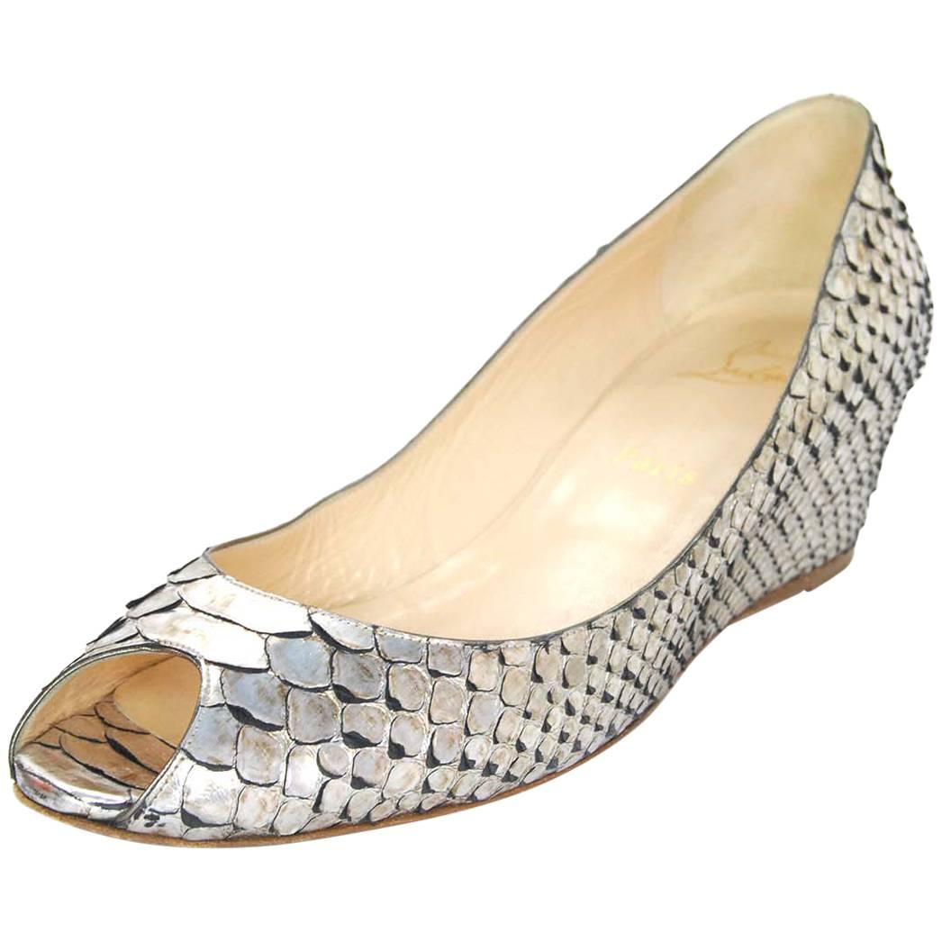 Christian Louboutin Silver Python Open-Toe Wedges Sz 40.5