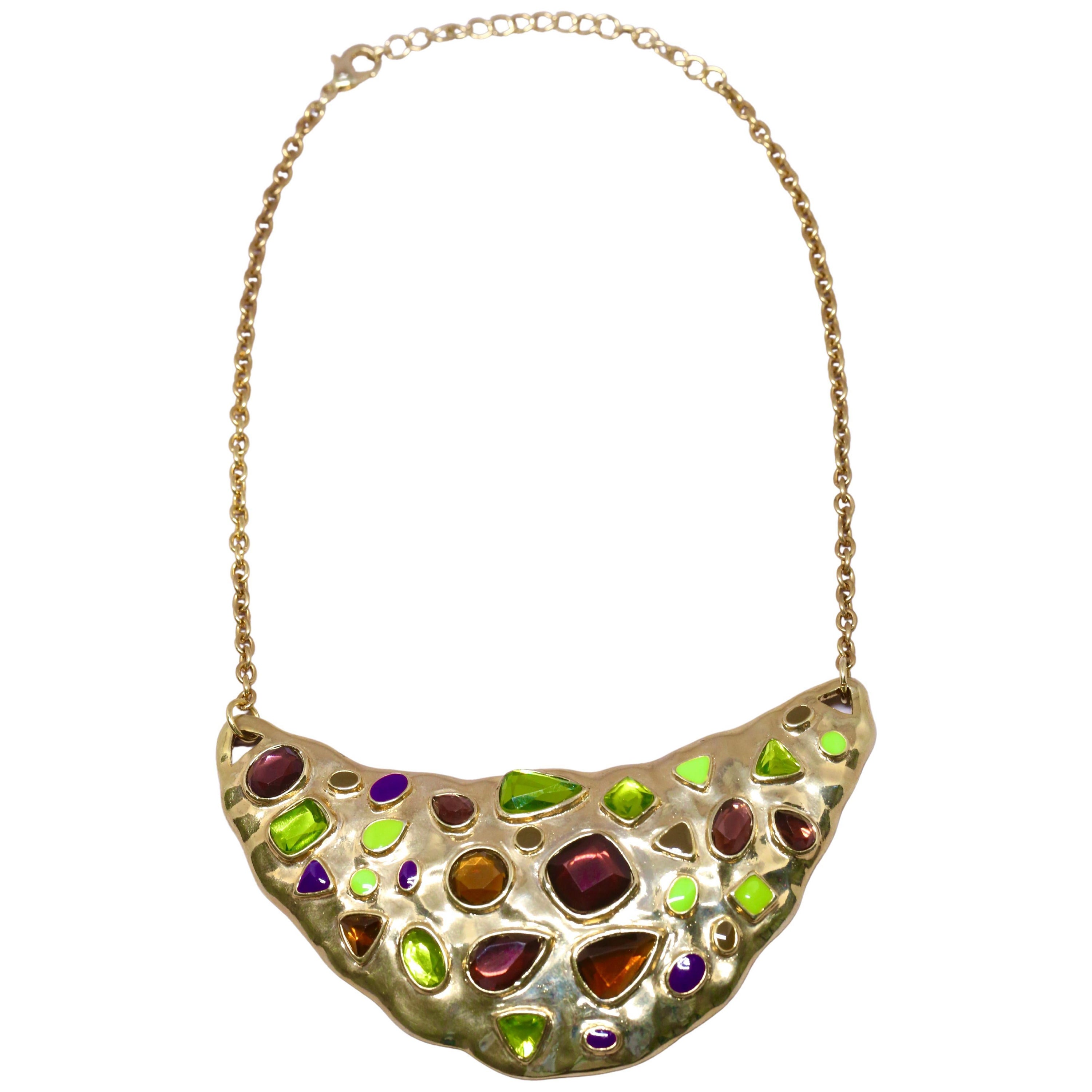 Women's or Men's 1980's YVES SAINT LAURENT faceted crystal and enamel bib necklace For Sale