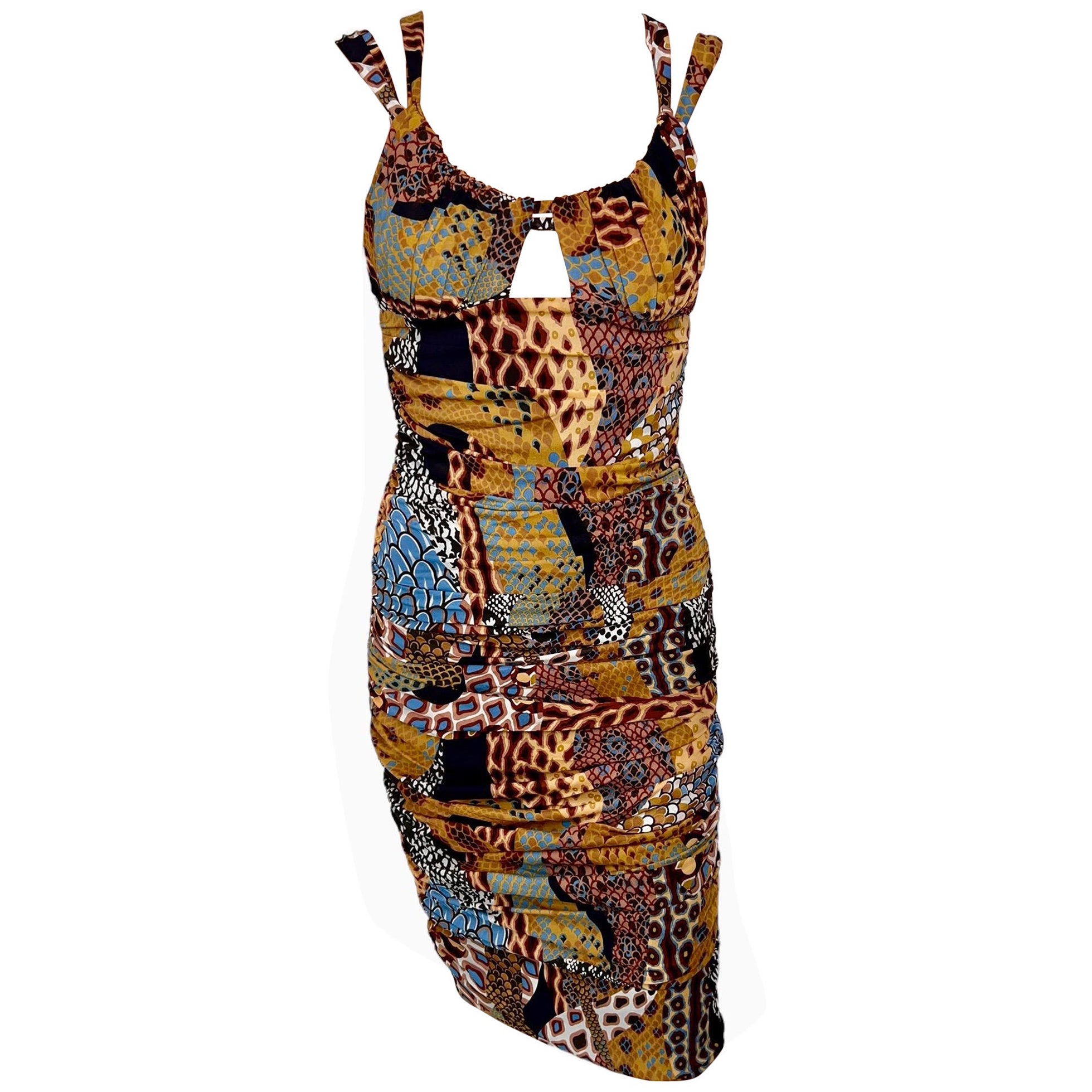 Versace F/W 2005 Runway Plunging Neckline Ruched Animal Print Dress For Sale