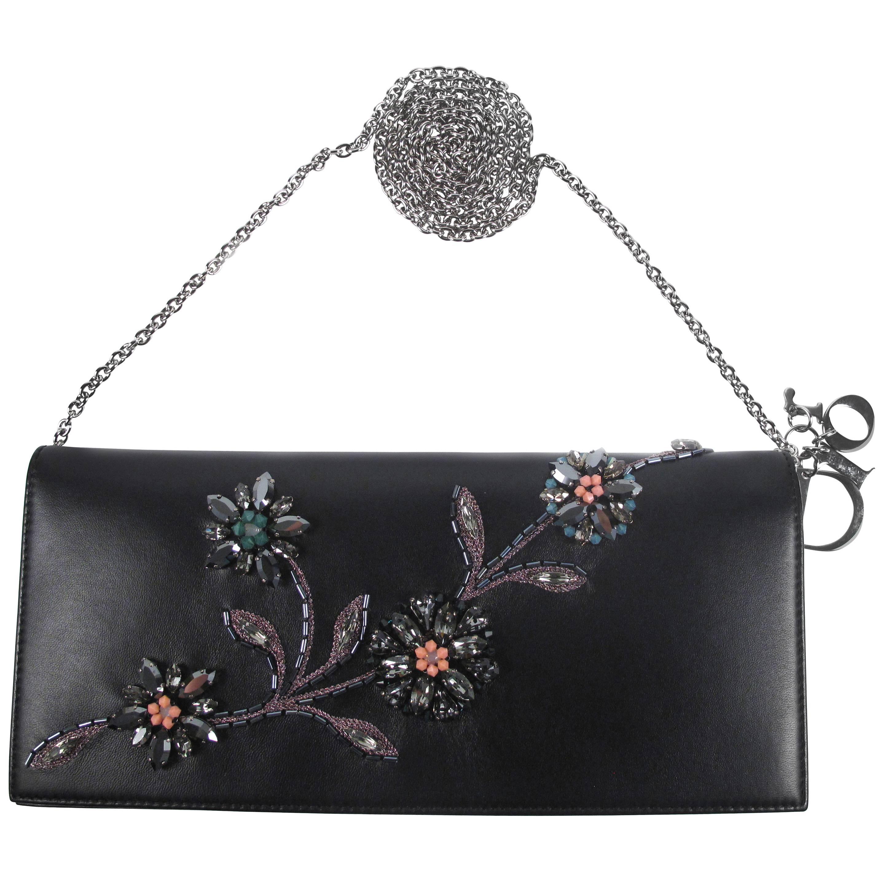 Christian Dior 2015 $6K Crossbody Crystal Bag Black Leather Chain Handbag Lady For Sale