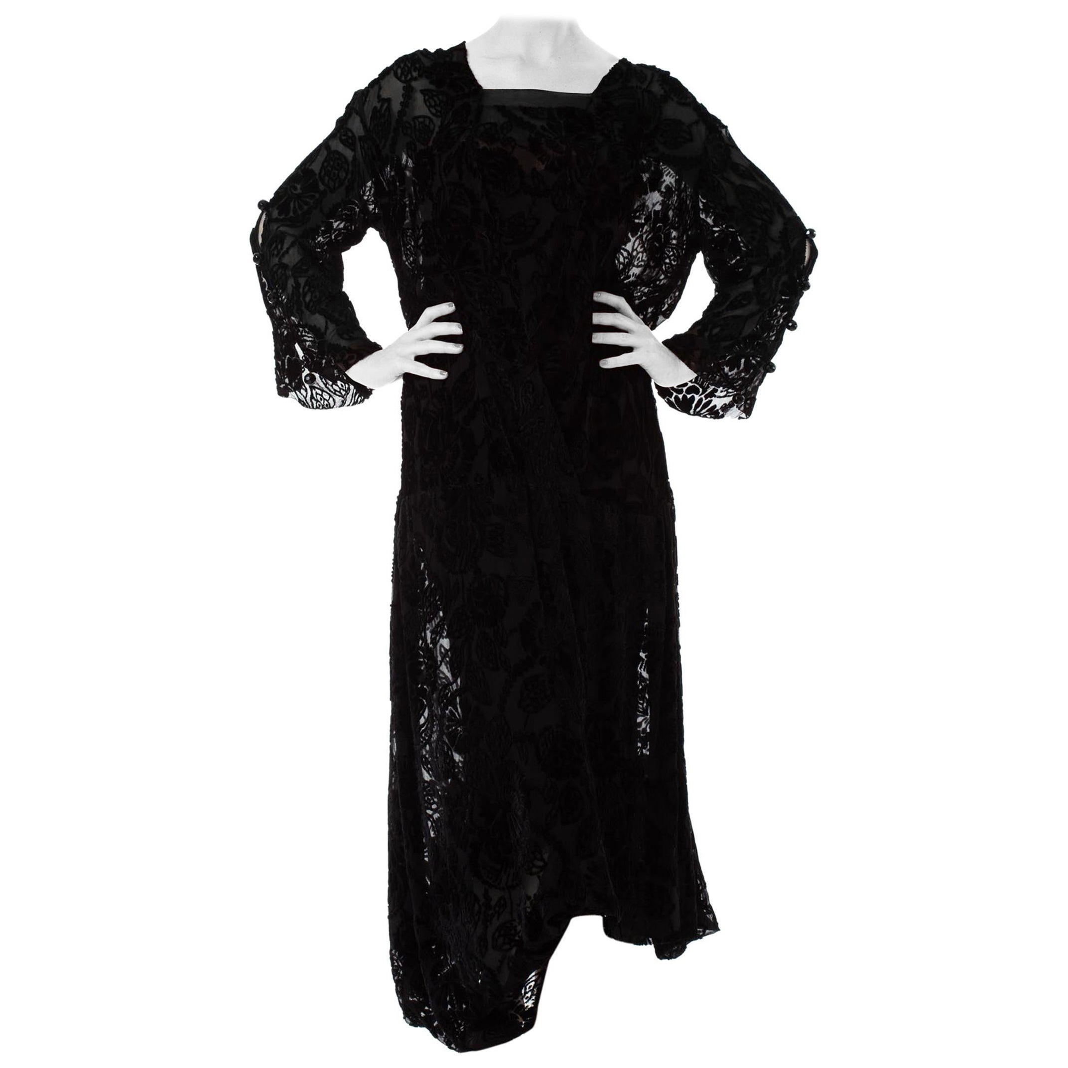 1920S Black Floral Silk Burnout Velvet Long Sleeve Sheer Dress For Sale