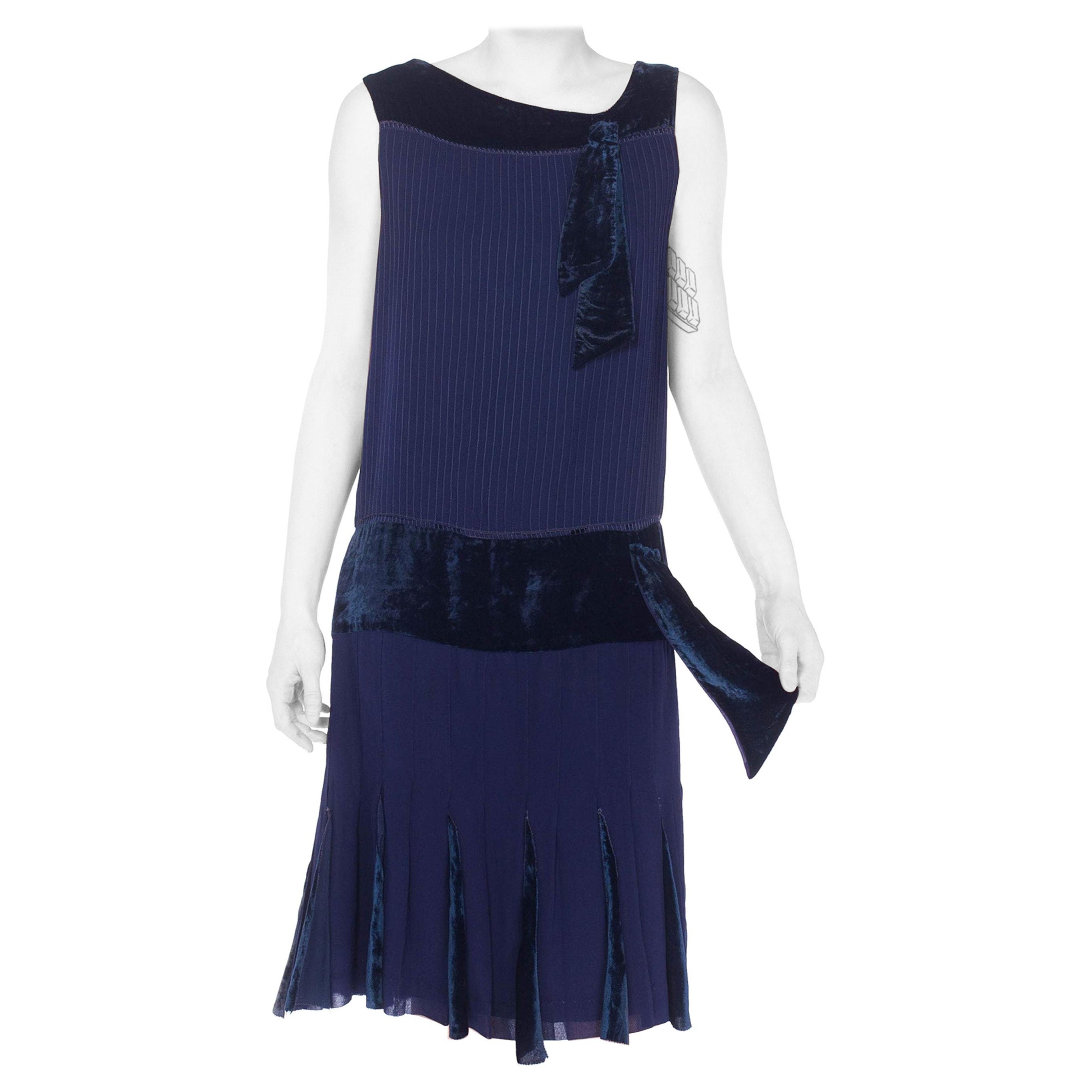 1920S Navy Blue Silk & Velvet Pintucked Drop Waist Day Dress For Sale