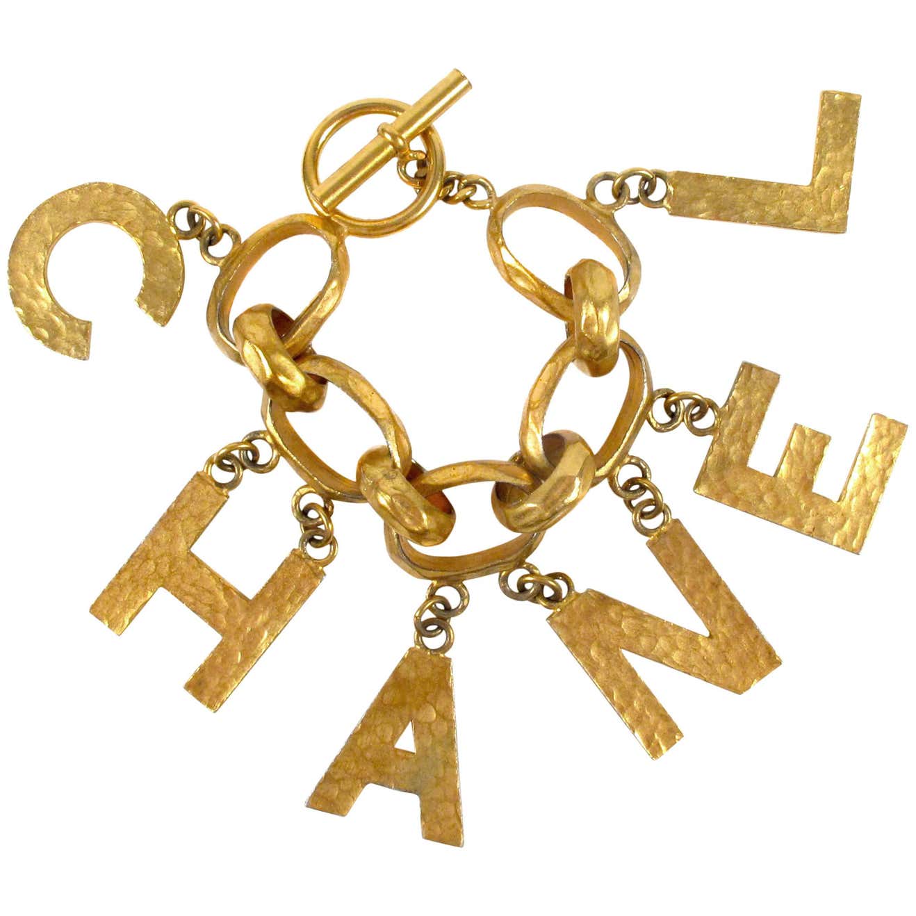 Channel Charms Chanel XL Charm Bracelet - Rare Vintage Gold Large Logo Letter Chain ...