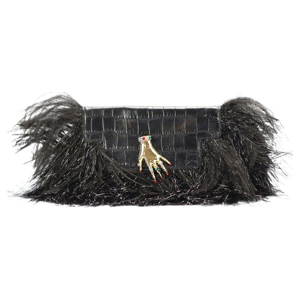 Sonia Rykiel Feather Trimmed Croc Effect Leather Clutch For Sale