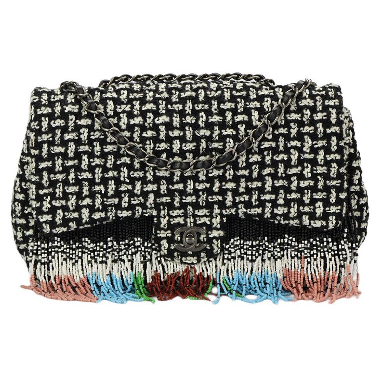 Authentic Chanel Laser Cut Fringe Calfskin Suede Drawstring Medium Flap Bag